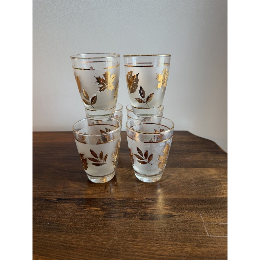 LIBBEY Gold Autumn Leaf Lowball Juice  Frosted Glasses Barware MCM Set OF 4